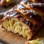 A braided ring of golden Italian Easter Bread decorated with colorful dyed eggs and rainbow sprinkles.