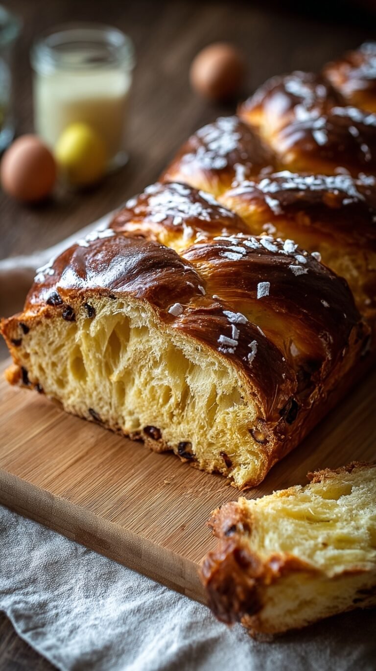 A braided ring of golden Italian Easter Bread decorated with colorful dyed eggs and rainbow sprinkles.