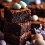 Rich chocolate brownies topped with pastel mini eggs and spring candies on a white platter.