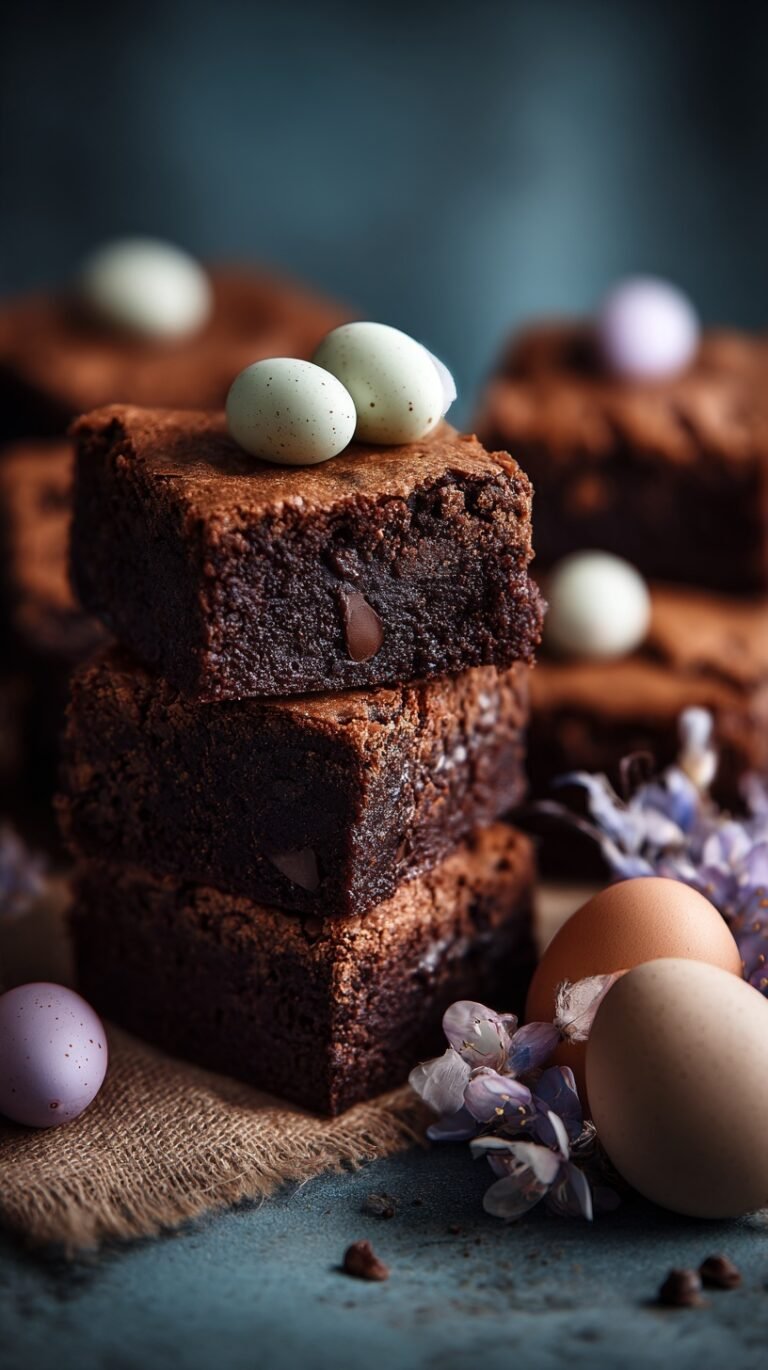 Rich chocolate brownies topped with pastel mini eggs and spring candies on a white platter.