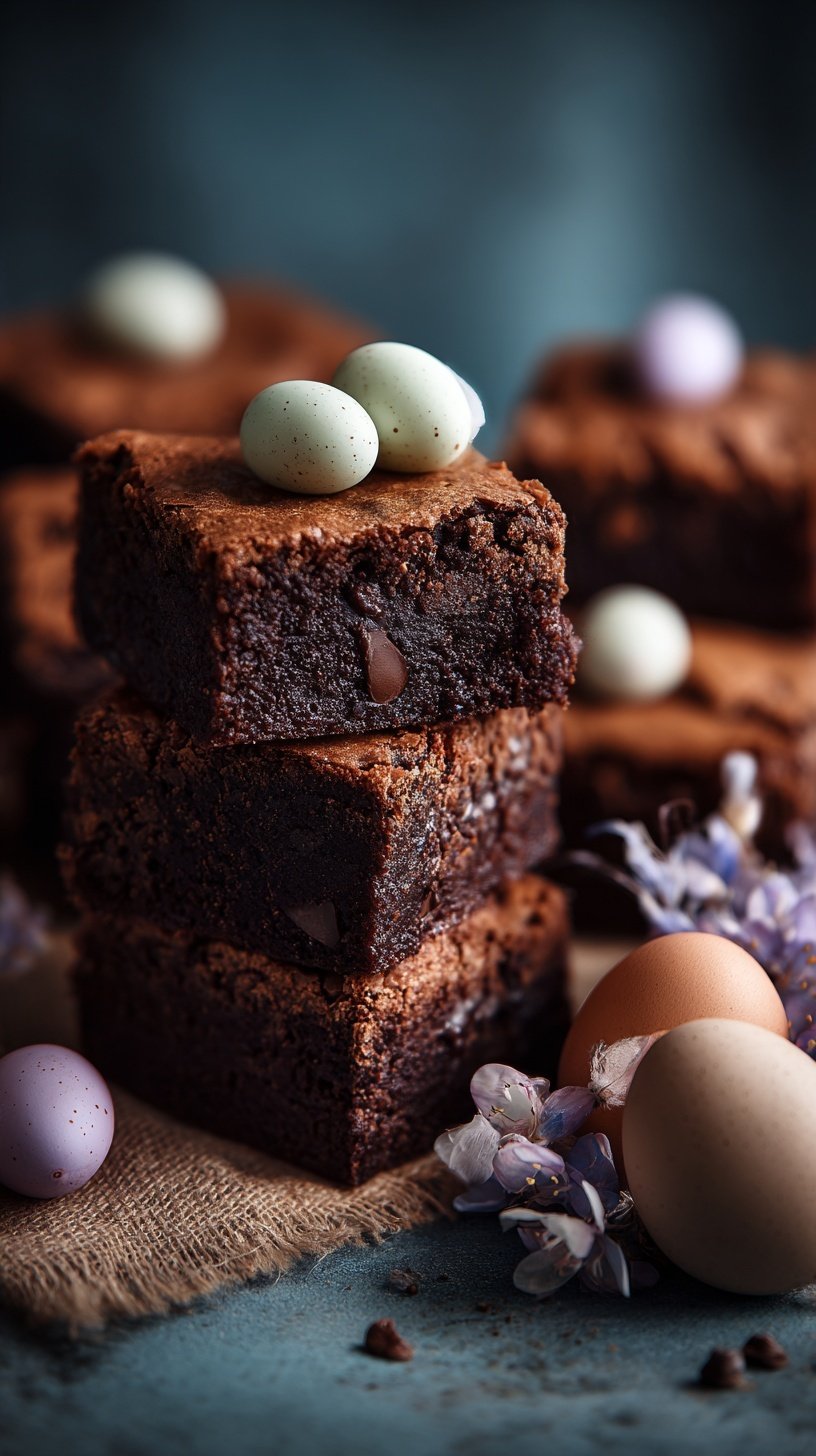 Rich chocolate brownies topped with pastel mini eggs and spring candies on a white platter.