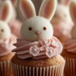 A tray of vanilla cupcakes decorated with marshmallow ears and candy faces to look like bunnies.