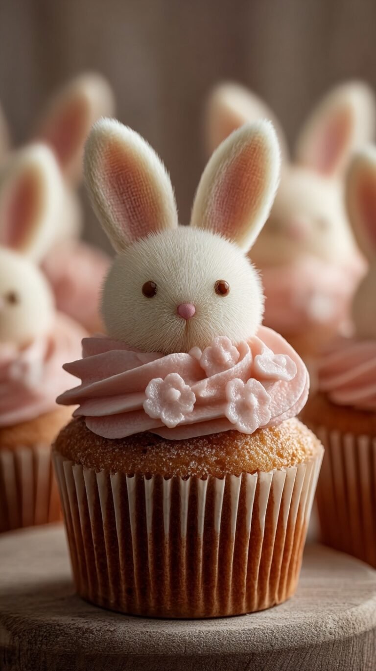 A tray of vanilla cupcakes decorated with marshmallow ears and candy faces to look like bunnies.