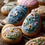 A plate of golden brown fluted Easter biscuits with currants and a sugar glaze