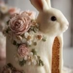A white coconut-covered bunny cake decorated with jelly beans and licorice whiskers on a serving board.