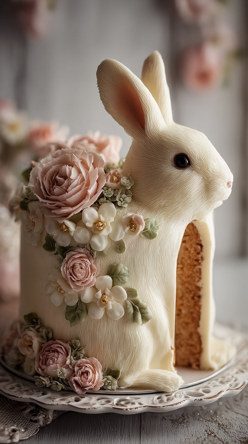 A white coconut-covered bunny cake decorated with jelly beans and licorice whiskers on a serving board.