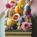 A miniature vanilla Easter Bento Cake decorated with pastel green frosting grass and mini chocolate eggs