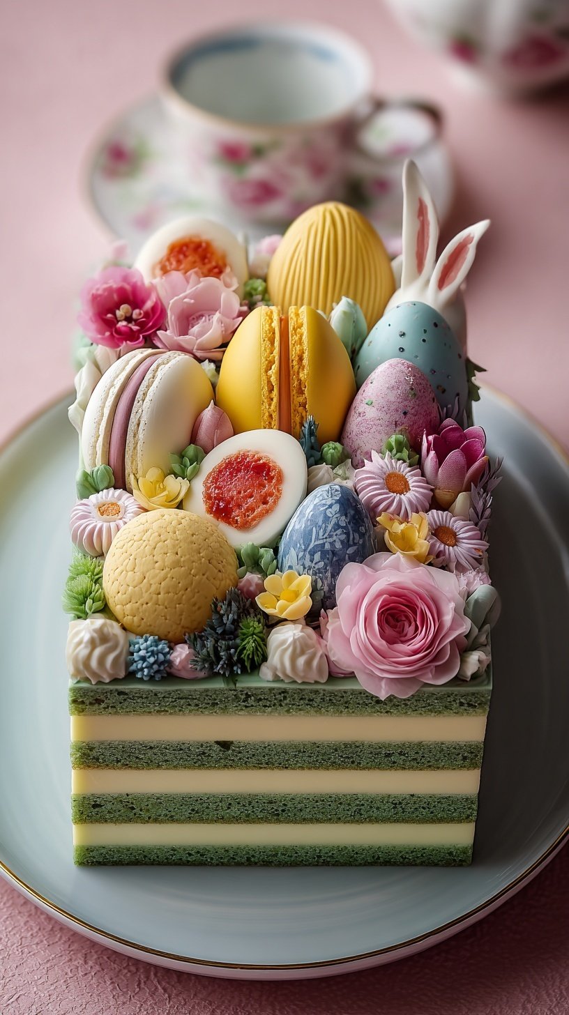 A miniature vanilla Easter Bento Cake decorated with pastel green frosting grass and mini chocolate eggs