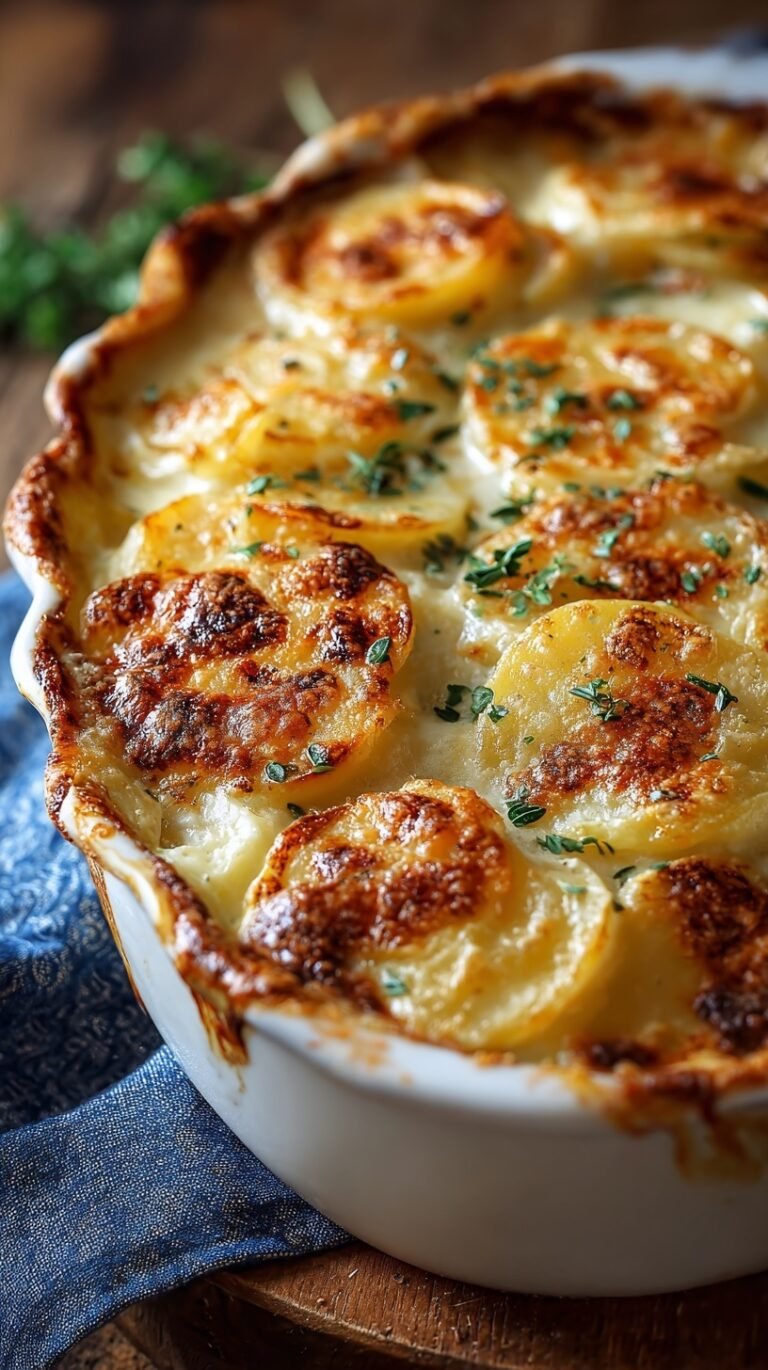 A golden brown baking dish of sliced potatoes in a creamy cheese sauce with melted Gruyère on top