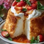 A tall, airy angel food cake topped with pastel pink whipped cream and mini chocolate eggs.