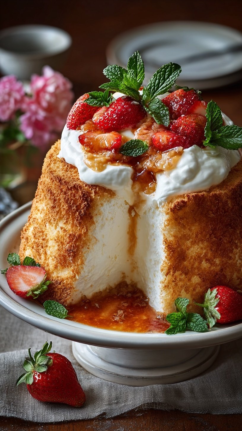 A tall, airy angel food cake topped with pastel pink whipped cream and mini chocolate eggs.