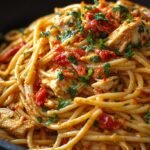 A bubbling, cheesy casserole dish of chicken spaghetti with tomatoes and green chilies.