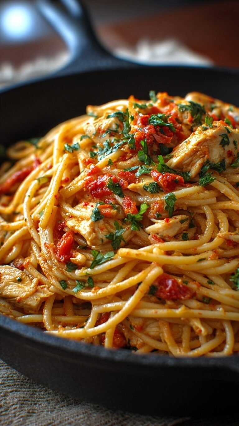 A bubbling, cheesy casserole dish of chicken spaghetti with tomatoes and green chilies.