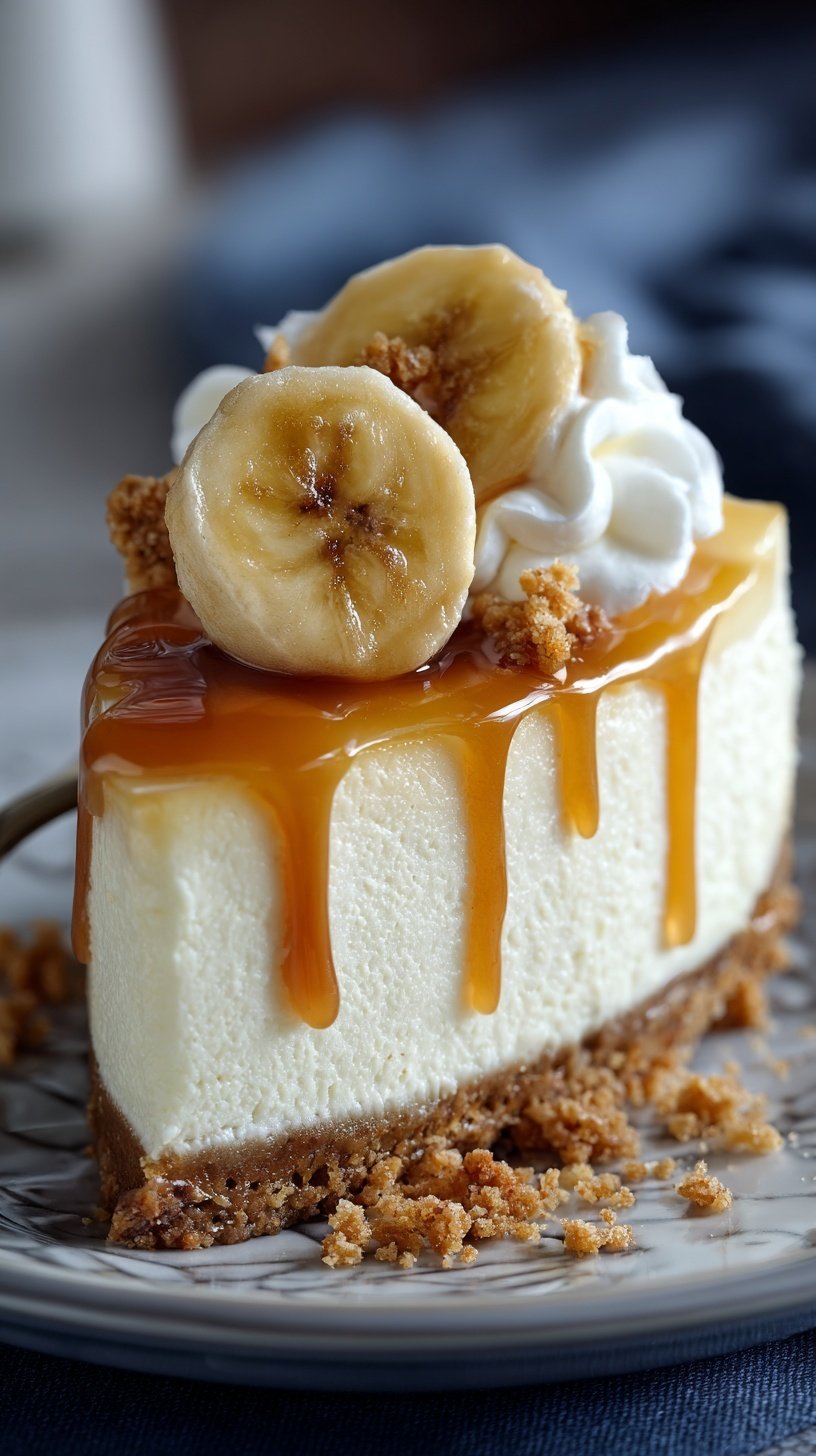 A rich and velvety New York-style banana cheesecake on a graham cracker crust.