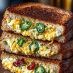 A toasted sourdough grilled cheese sandwich pulled apart to show melted cheddar, cream cheese, and diced jalapenos.