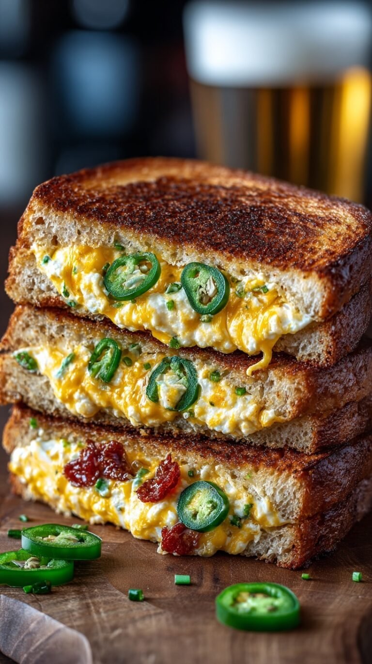 A toasted sourdough grilled cheese sandwich pulled apart to show melted cheddar, cream cheese, and diced jalapenos.