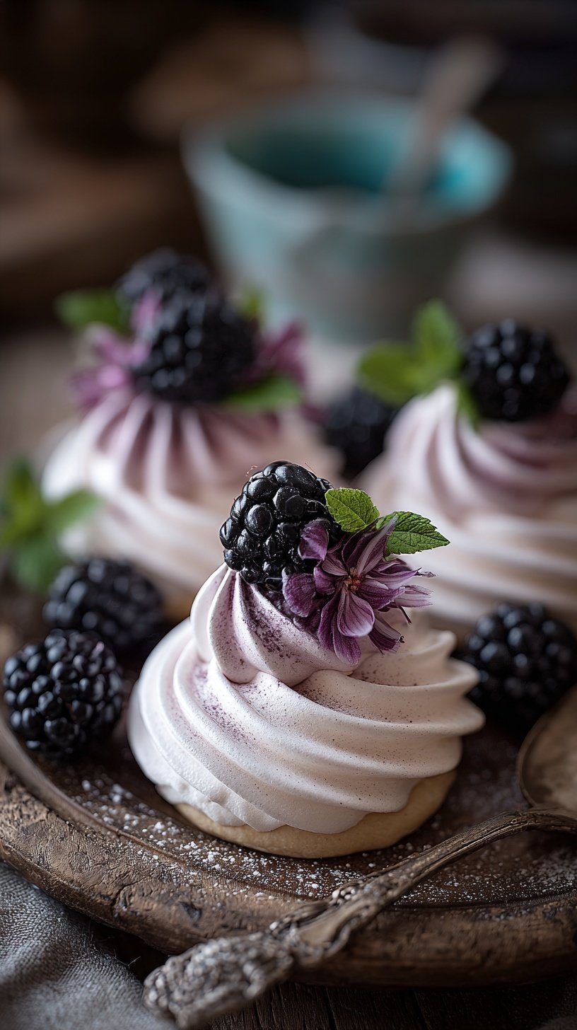 A tray of light purple marbled mini meringues on parchment paper