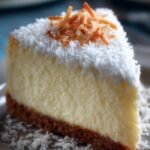 A slice of creamy coconut cheesecake topped with toasted coconut flakes on a white plate.