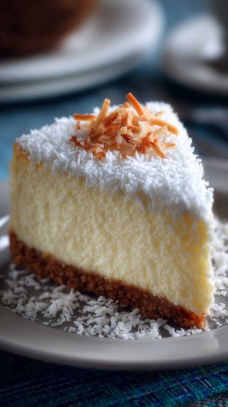 A slice of creamy coconut cheesecake topped with toasted coconut flakes on a white plate.