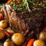 A close-up shot of a tender beef pot roast with carrots and potatoes in a Dutch oven.