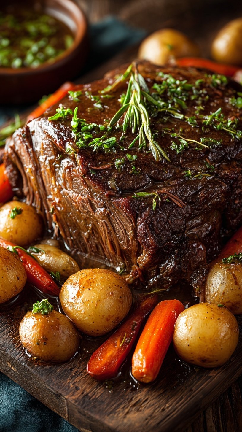 A close-up shot of a tender beef pot roast with carrots and potatoes in a Dutch oven.