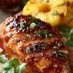 Golden baked chicken breasts topped with pineapple rings and BBQ sauce in a skillet