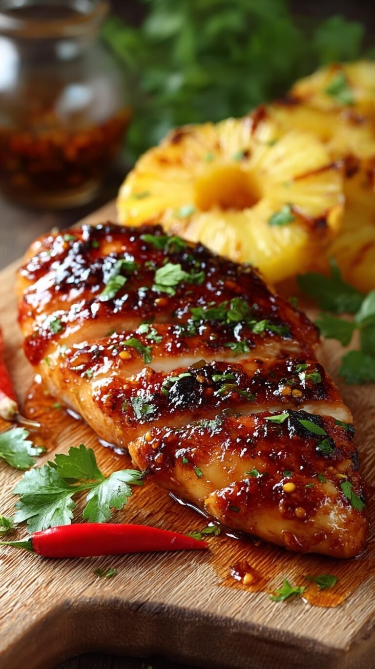 Golden baked chicken breasts topped with pineapple rings and BBQ sauce in a skillet