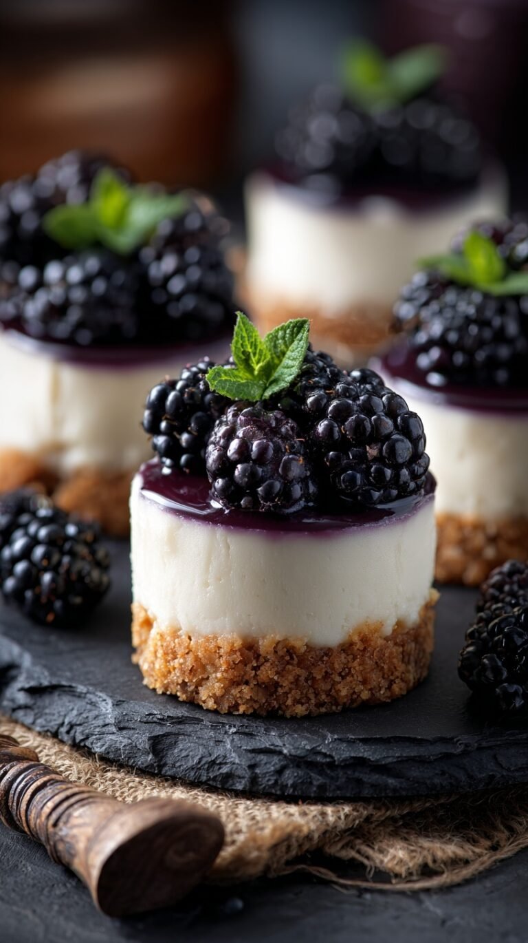 Mini cheesecakes with a purple blackberry swirl and graham cracker crust on a white platter.