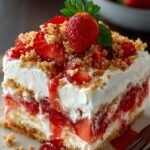 A chilled strawberry crunch poke cake topped with whipped cream and pink cookie crumbles.