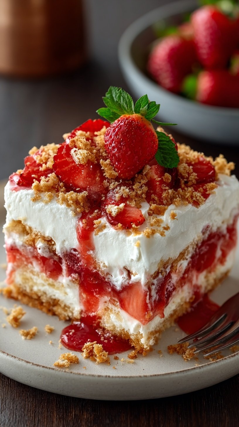 A chilled strawberry crunch poke cake topped with whipped cream and pink cookie crumbles.