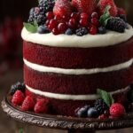 A three-layer Berry Velvet Layer Cake topped with fresh strawberries and blueberries on a white cake stand.