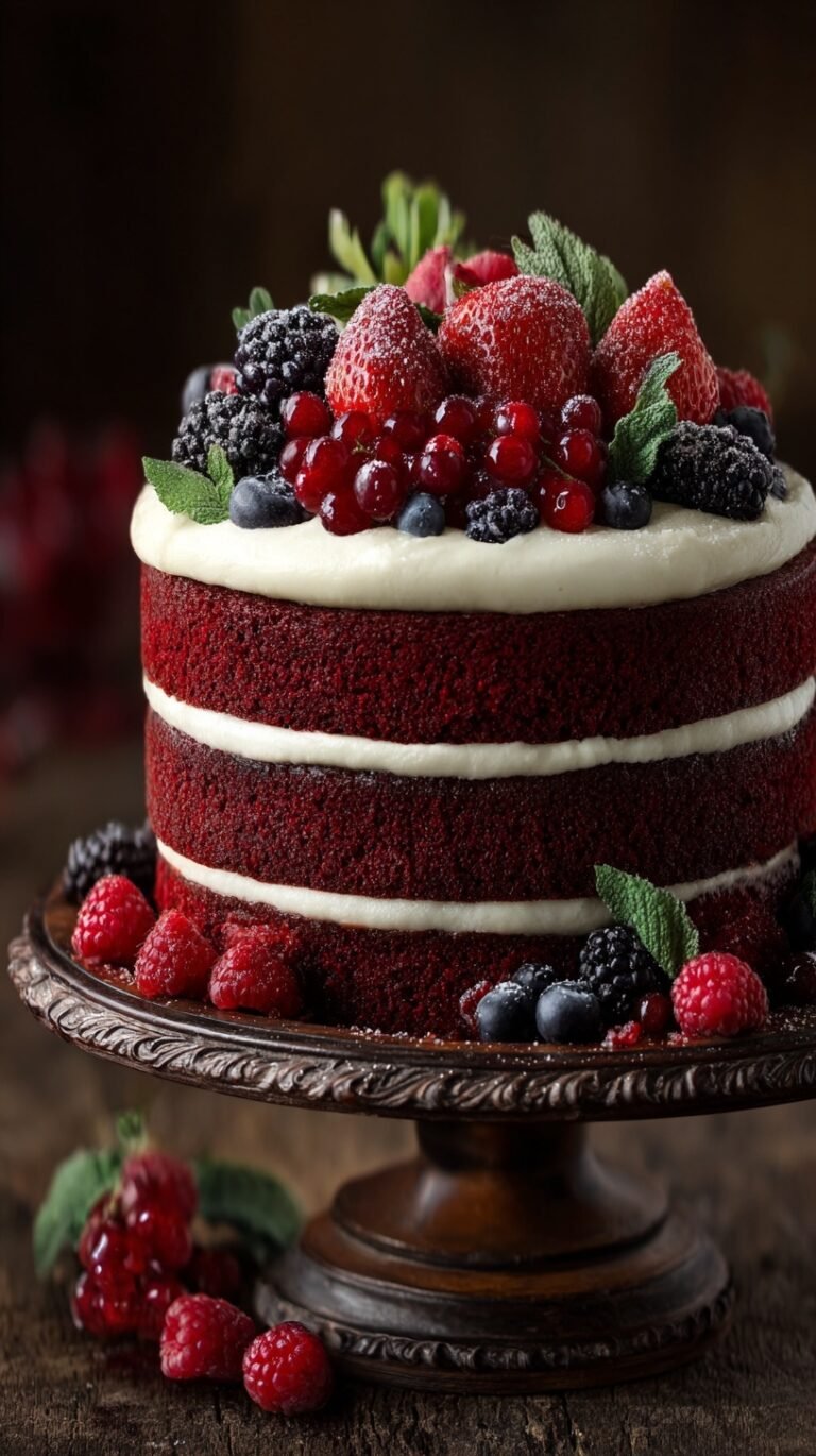 A three-layer Berry Velvet Layer Cake topped with fresh strawberries and blueberries on a white cake stand.