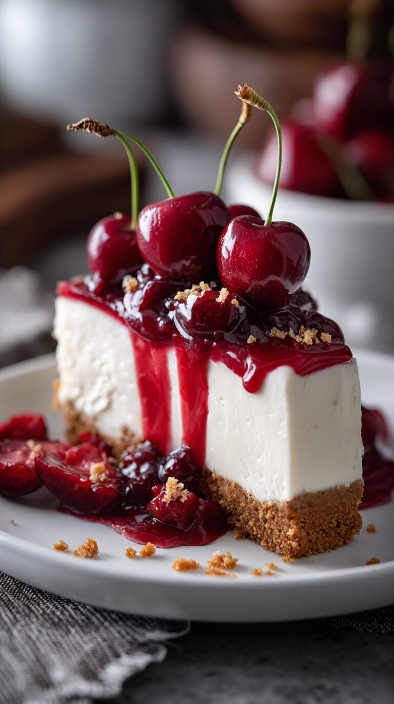 A creamy slice of no-bake cherry cheesecake with a graham cracker crust and bright red cherry topping.
