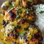 A baking dish of golden honey mustard chicken breasts seasoned with rosemary.