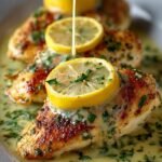 Golden pan-seared chicken cutlets drizzled with a glossy lemon butter sauce and garnished with fresh parsley and lemon slices.