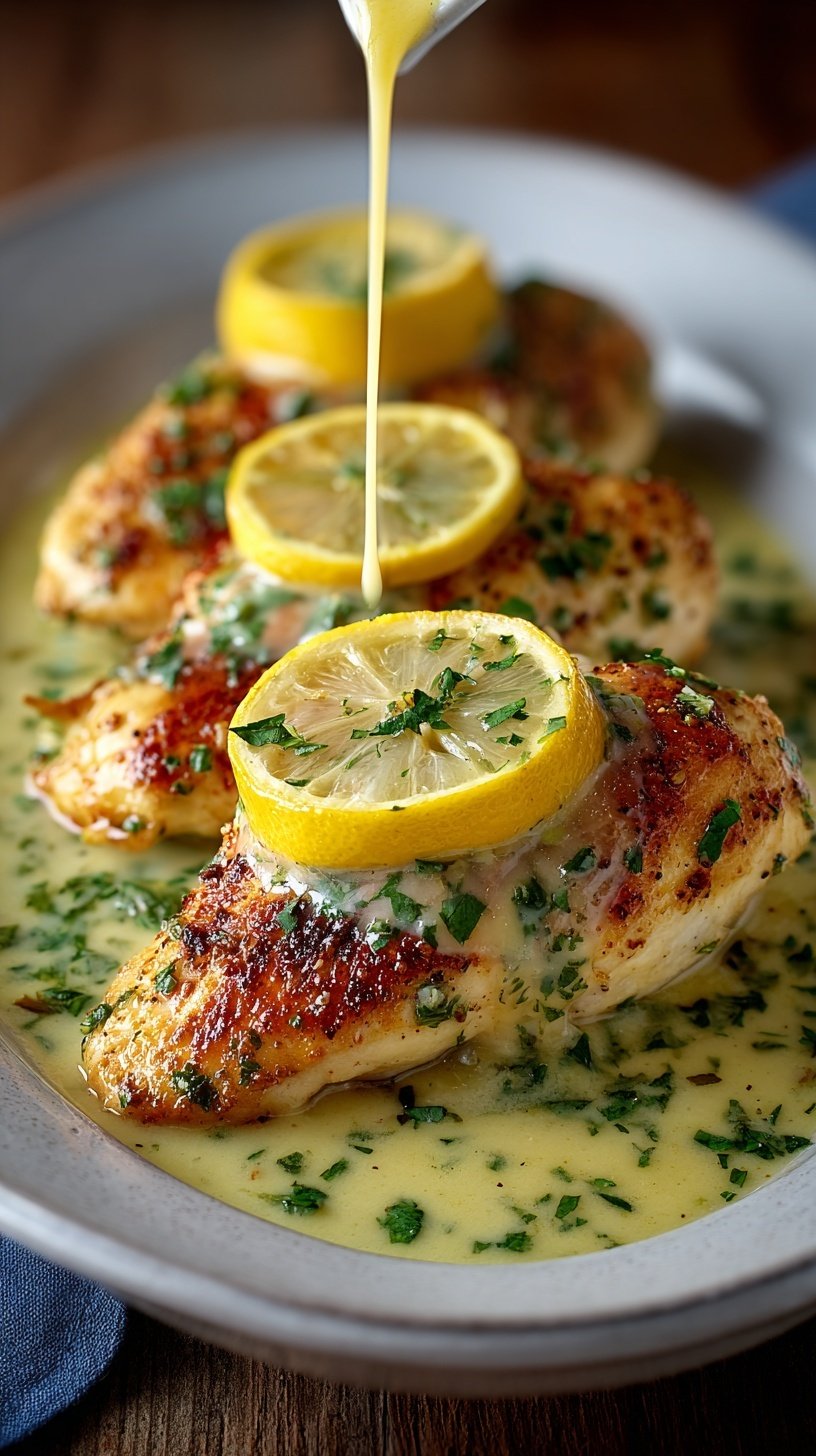 Golden pan-seared chicken cutlets drizzled with a glossy lemon butter sauce and garnished with fresh parsley and lemon slices.