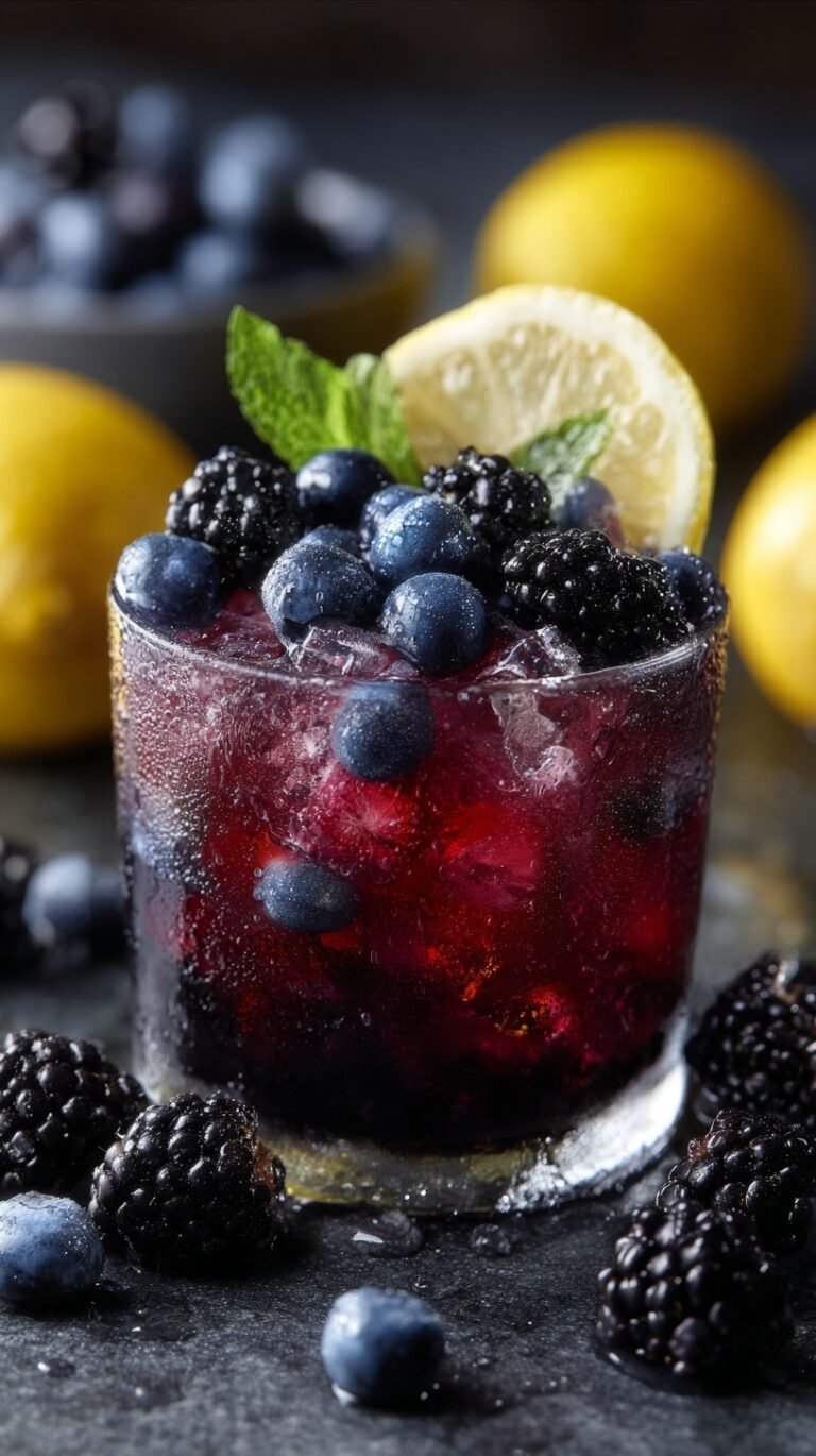 A glass bowl filled with glossy purple blueberry and blackberry compote with lemon zest