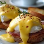A bowl of creamy yellow hollandaise sauce being drizzled over poached eggs on a white plate.