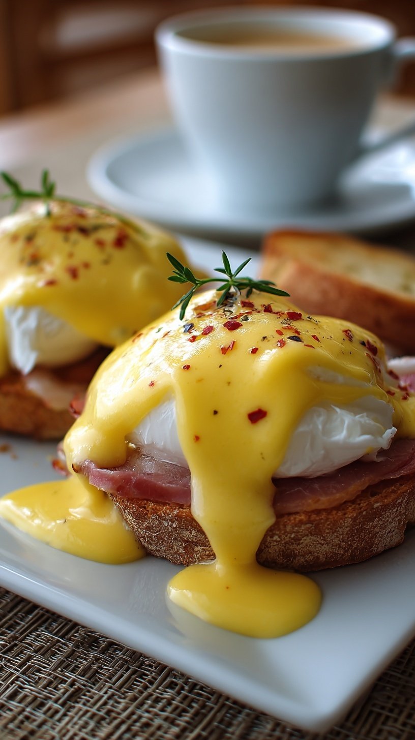 A bowl of creamy yellow hollandaise sauce being drizzled over poached eggs on a white plate.