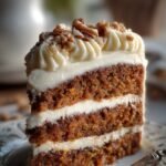 A slice of moist banana bread cake topped with a thick layer of white cream cheese frosting on a white plate.