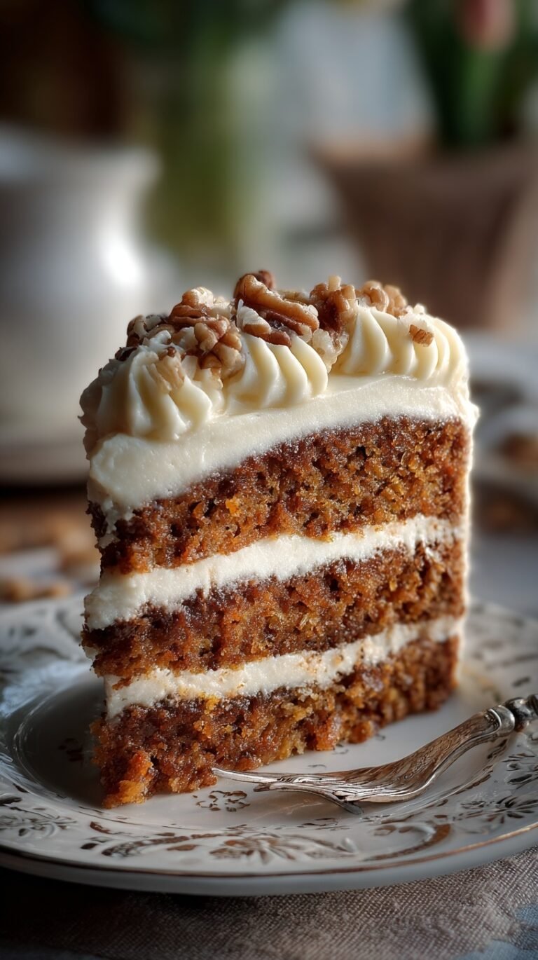 A slice of moist banana bread cake topped with a thick layer of white cream cheese frosting on a white plate.