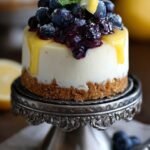 A creamy baked cheesecake with a purple blueberry swirl and golden graham cracker crust on a white plate.
