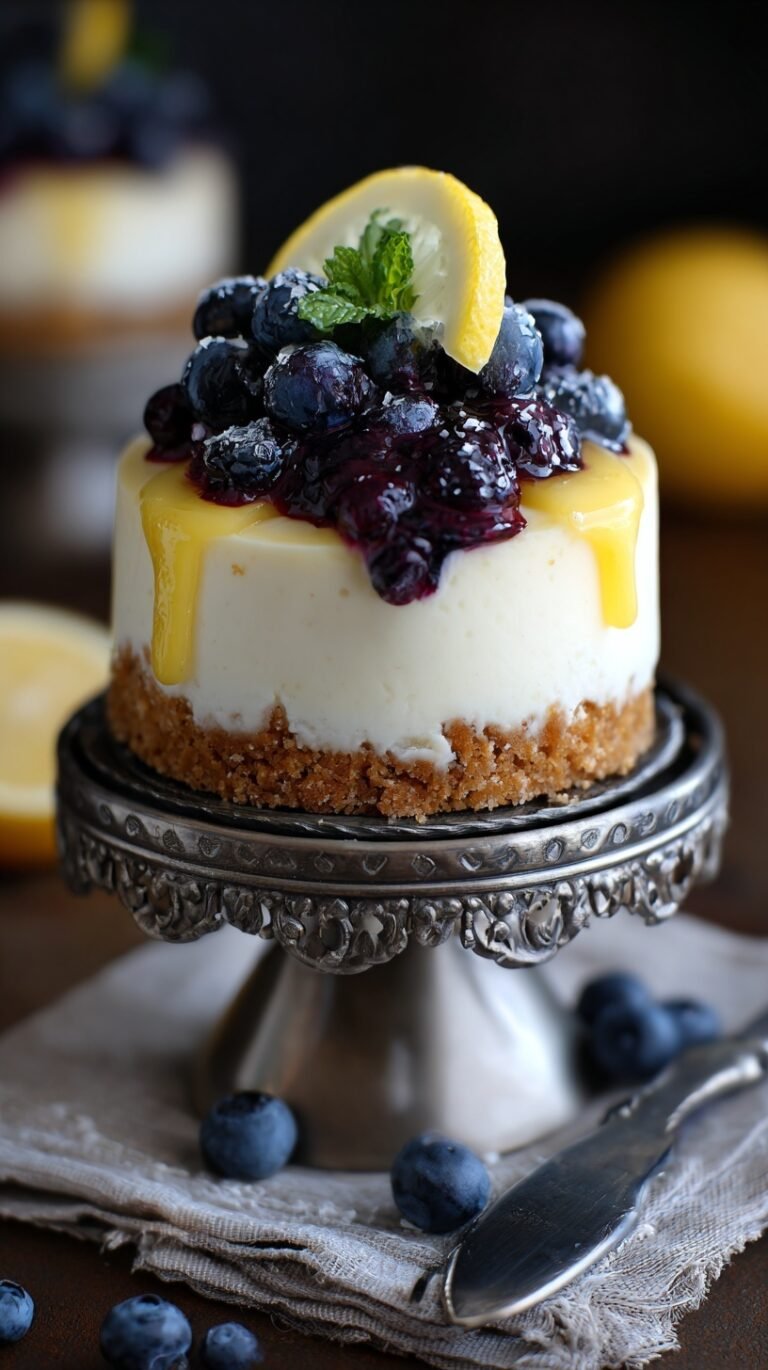 A creamy baked cheesecake with a purple blueberry swirl and golden graham cracker crust on a white plate.