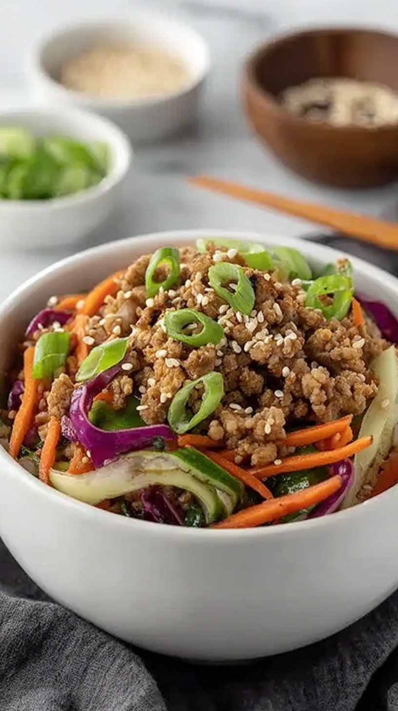 A steaming bowl of healthy egg roll in a bowl topped with green onions and sesame seeds