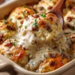 A golden brown Easy Biscuits & Gravy Casserole topped with melted cheddar cheese and savory sausage gravy in a glass baking dish.