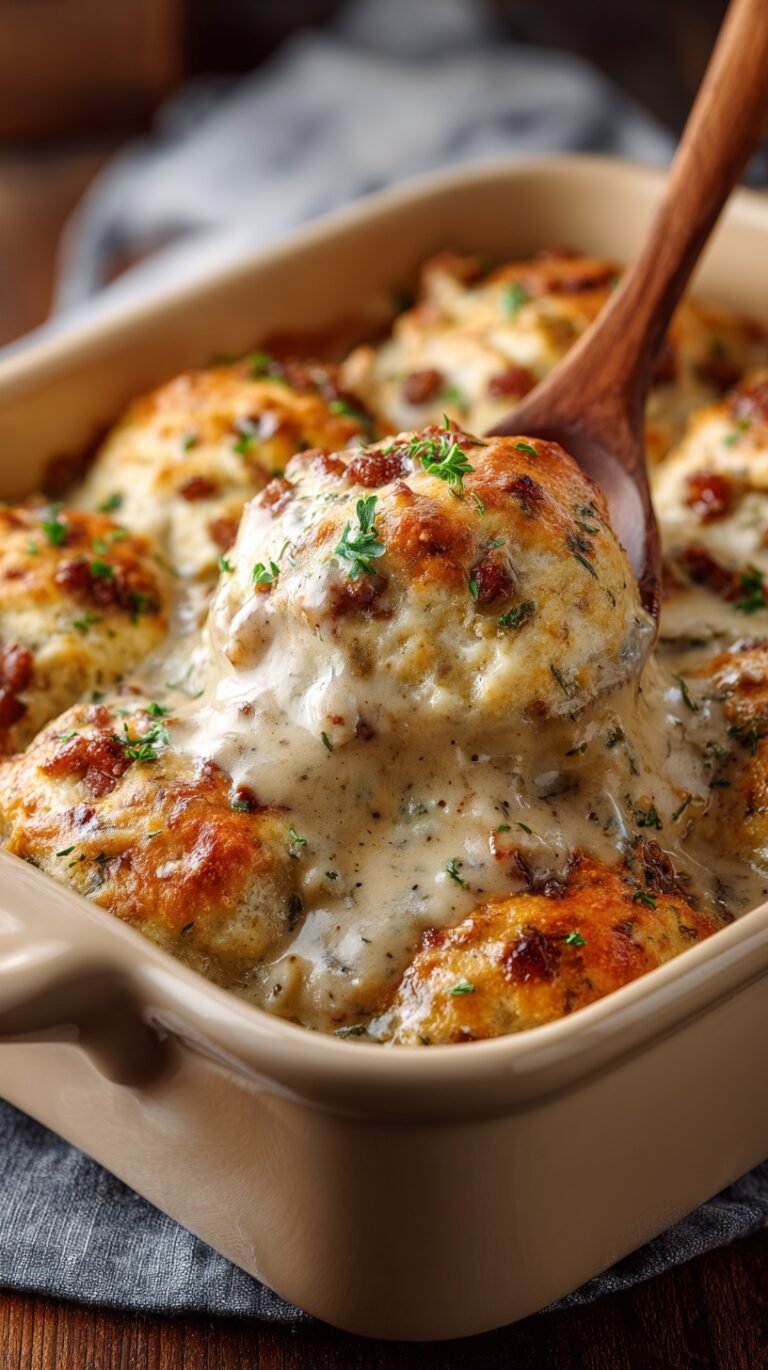A golden brown Easy Biscuits & Gravy Casserole topped with melted cheddar cheese and savory sausage gravy in a glass baking dish.