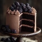 A rich dark chocolate layer cake topped with vibrant purple blackberry buttercream frosting and fresh berries.