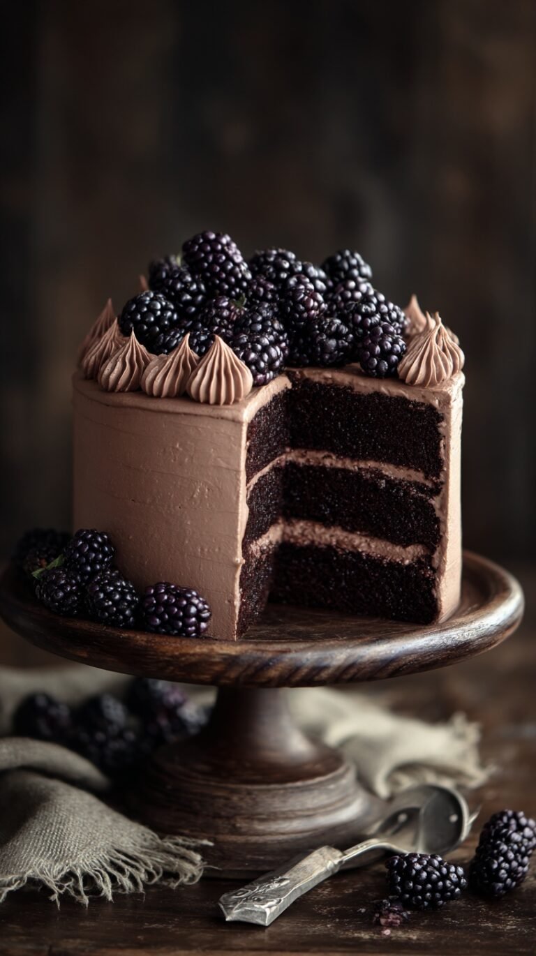 A rich dark chocolate layer cake topped with vibrant purple blackberry buttercream frosting and fresh berries.