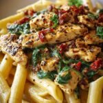 A skillet filled with creamy Tuscan chicken pasta, sun-dried tomatoes, and fresh spinach.