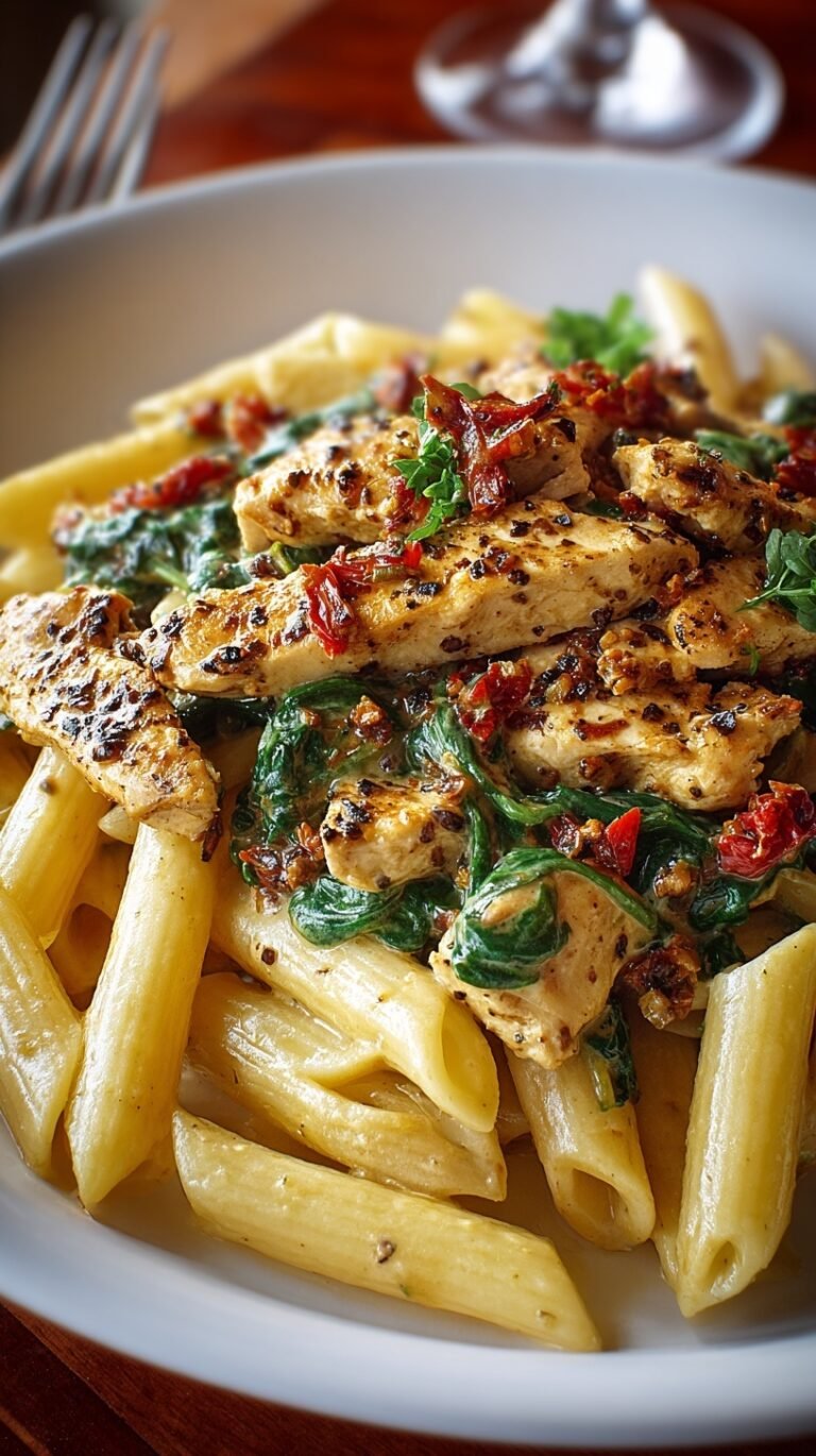 A skillet filled with creamy Tuscan chicken pasta, sun-dried tomatoes, and fresh spinach.